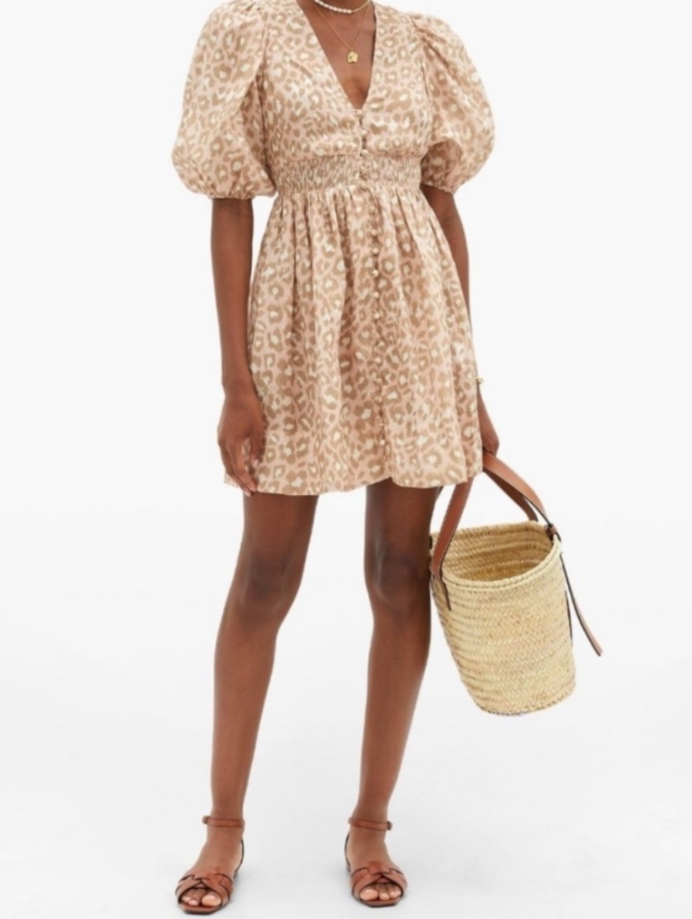 Zimmermann Linen Mini Dress Large 3 Puff Sleeve Coquette Girly Leopard Print